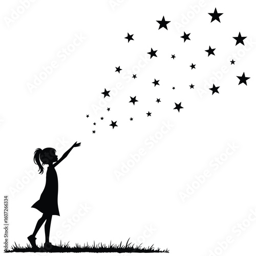 Silhouette girl reaching for falling stars child