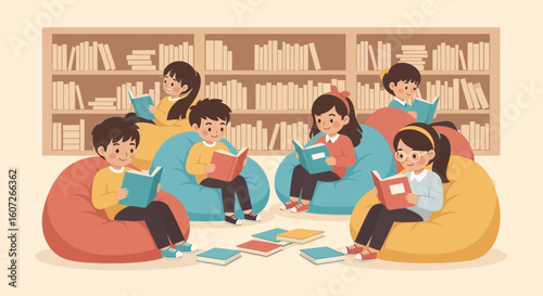 Diverse Group of Children Reading Books on Beanbag Chairs