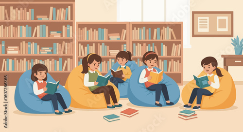 Girls Reading Books on Beanbag Chairs in a Cozy Library Nook
