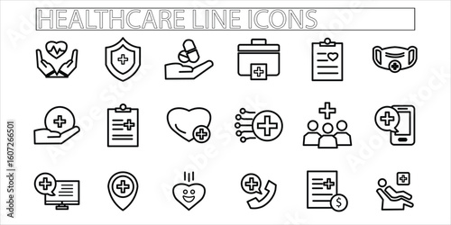 Healthcare icon set. medical, health, report, Line vector icons.