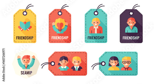 A friendship tags set, friendship icons, showing love, connection, togetherness, and unity, featuring friends, relationships, support on various tags, bonding and affection