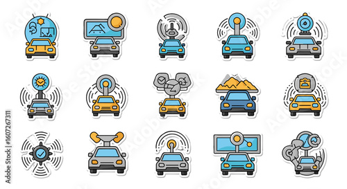 A automotive technology icons set illustrating driverless cars with various sensors and advanced autonomous vehicle systems for smart mobility, future transportation
