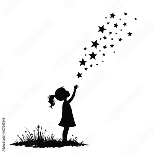 Silhouette girl reaching for stars in grass child