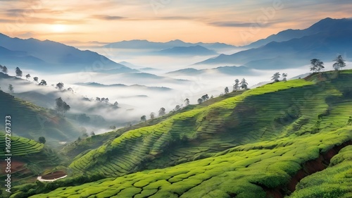Lush Green Tea Plantation with Misty Mountains at Sunrise, Serene Landscape View
