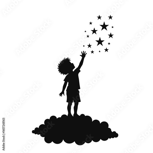 Silhouette of a child reaching for stars from a cloud vector