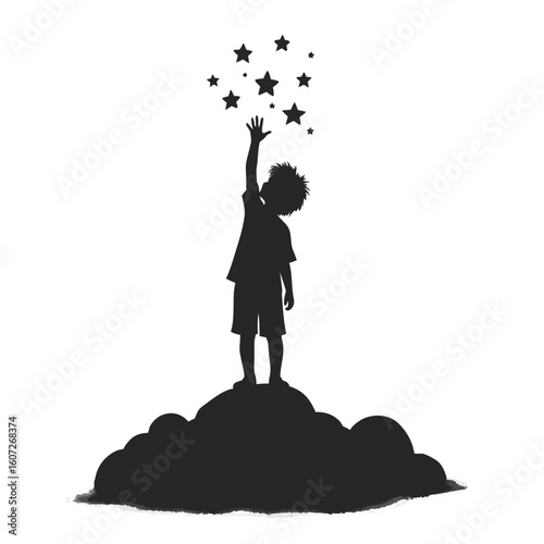 Silhouette of a child reaching for stars from a cloud vector