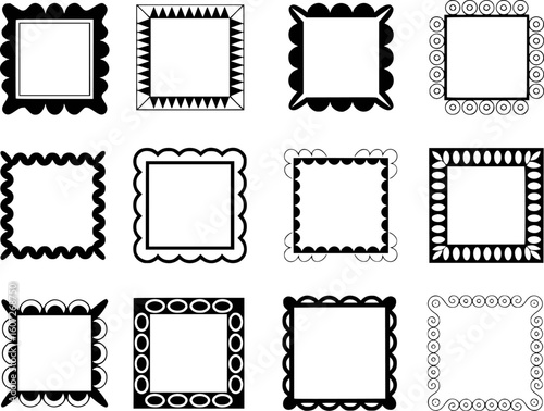 Collection of twelve decorative black and white square frames with varied borders