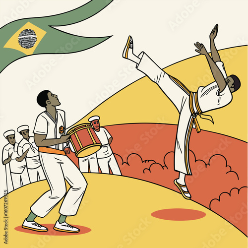 Illustration of capoeira performance with musicians and brazilian flag in the background setting the scene