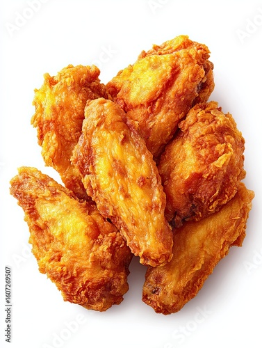 Fried chicken wings isolated on white background, crispy chicken wings food photography, golden deep-fried chicken wings in high resolution for menu and packaging design