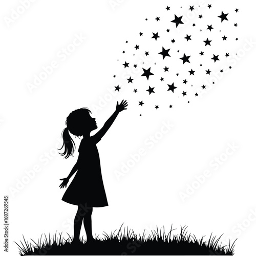 Young girl reaching for scattered stars in silhouette child