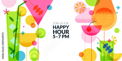 Horizontal banner with summer tropical cocktails. Vector background for for party flyer, poster or bar event promotion
