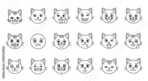 Expressive Feline Faces: A Variety of Hand-Drawn Cat Emoji Illustrations in Black and White Representing Emotions of Cats