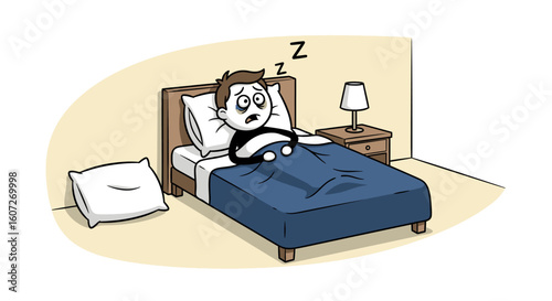 Cartoon character in bed with insomnia and sleep deprivation unable to rest peacefully