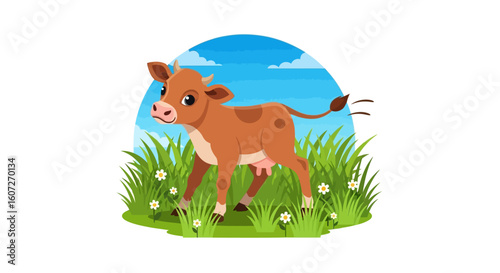 Cartoon cow grazing in a green meadow with wildflowers under a bright blue sky backdrop perfect for children's illustration and animation projects