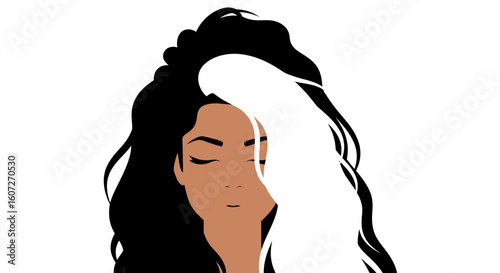 Conceptual duality portrait depicting inner balance and contrasting elements in stylized art work featuring elegant black and white flowing hair