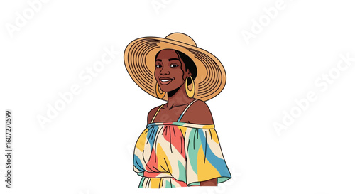 Elegant woman with a hat and a colorful dress in a pop art style illustration evoking summer vibes and feminine beauty portrayed with graceful lines
