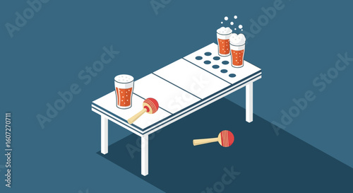 Isometric Illustration of Beer Pong Table with Paddles and Full Glasses of Beer Ready for Playful Competition