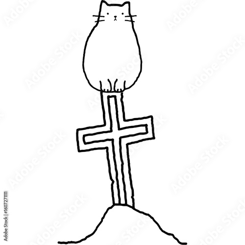 halloween cat sitting on crucifix illustration cute cat halloween outline hand drawn graveyard vector funny halloween
