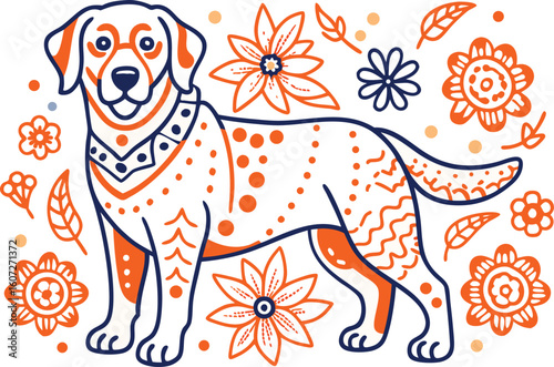 seamless pattern with dog and flowers