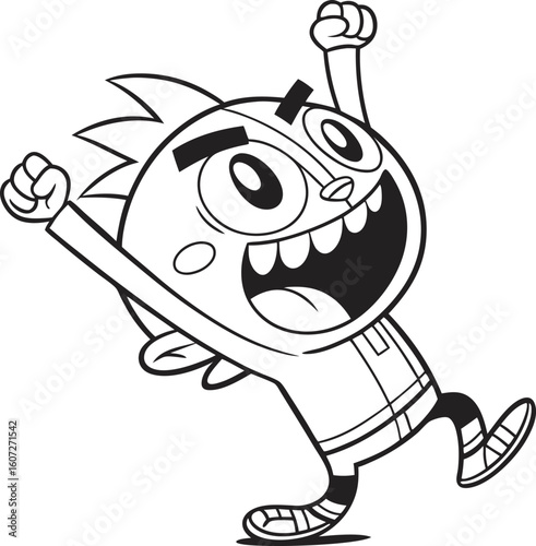 Enthusiastic Cartoon Character Jumping with Joy A Black and White Illustration of Exuberance and Happiness in Youthful Animation