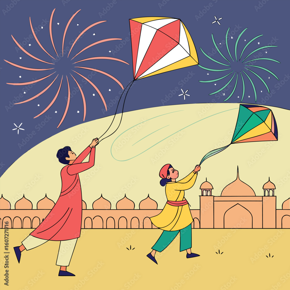 Obraz premium Illustration of two people flying kites with fireworks in the background near a building at night time