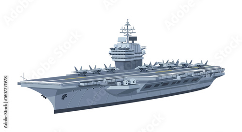 Naval aviation power: An illustration showcasing the might of an aircraft carrier at sea showcasing military strength with fighter jets ready for