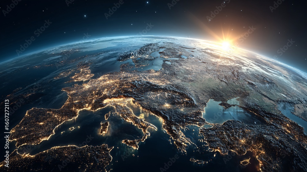 Fototapeta premium Stunning View of Earth from Space with Sunrise Over Europe