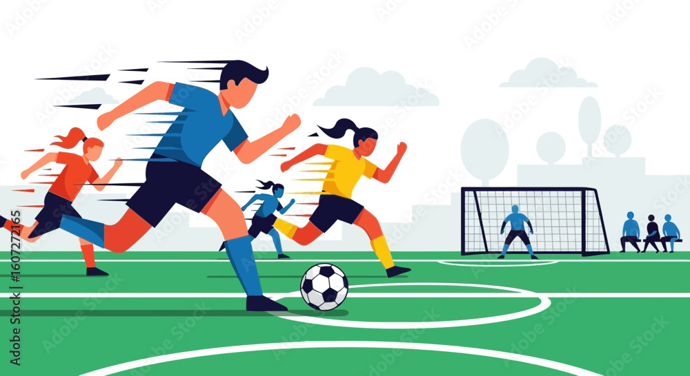 Fototapeta premium Mixed-Gender Soccer Team Playing Football on a Green Field