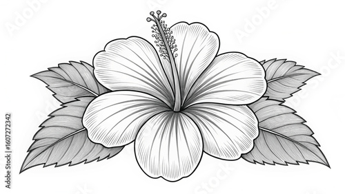 Detailed black and white sketch of a hibiscus flower with leaves