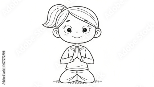 Cute cartoon girl kneeling with hands together in prayer or greeting