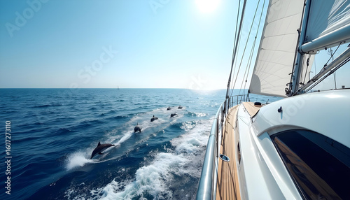  Wide-angle side view of a sleek white sailing yacht gliding on deep blue ocean with dolphins leaping nearby.