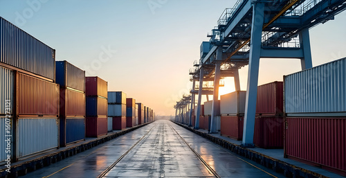 Industrial port with containers in the cargo