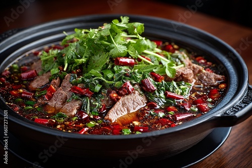 Spicy Beef Hot Pot with Fresh Herbs and Chilis in Elegant Presentation