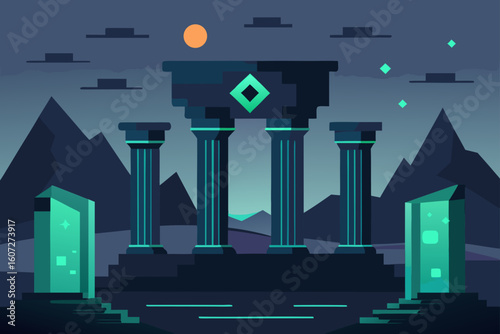 ancient ruins with embedded glowing tech panels