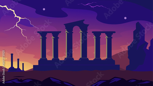 ancient ruins crumbling under a stormy twilight