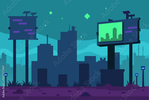 augmented city ruins with glitching billboards