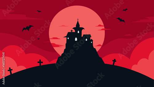 creepy halloween hilltop with tombs  crimson sky