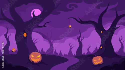 cursed forest with flickering jack o  lanterns