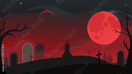 dark graveyard scene with blood moon  fog trails