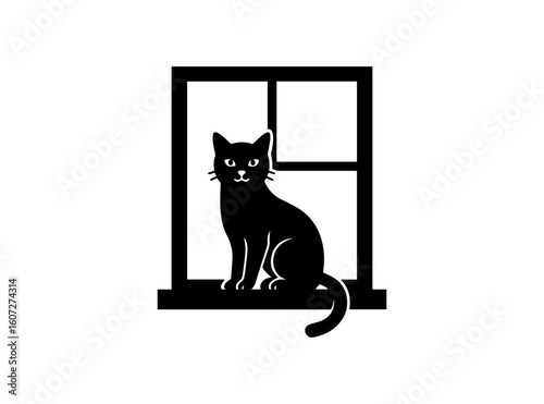 Elegant black cat silhouette sitting on a windowsill. A minimalist vector graphic icon of a domestic feline pet looking from a window frame.