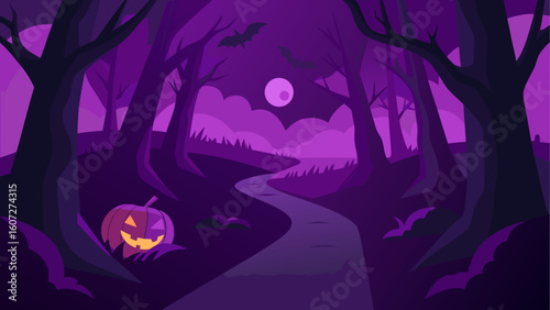 dark halloween forest trail  pumpkins flickering