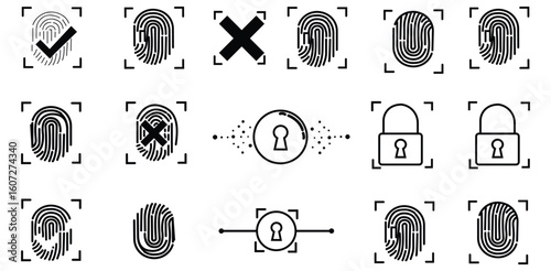 Flat vector icons set of biometric fingerprint authentication access verification digital security data protection user ID scan and identity lock system

