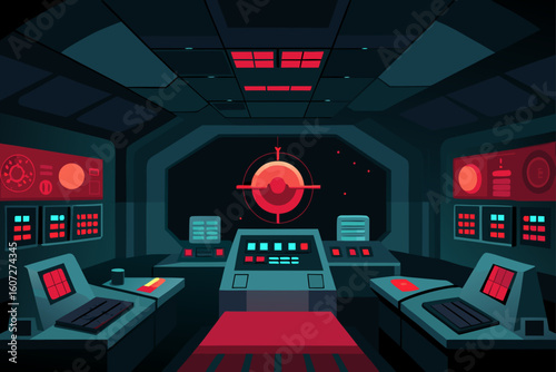 dark sci fi bunker control room  filled with analo