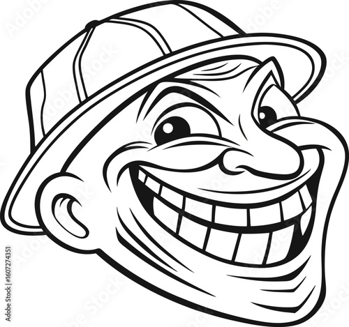 Black and White Illustration of a Mischievous Character Wearing a Hat with a Wide Grin