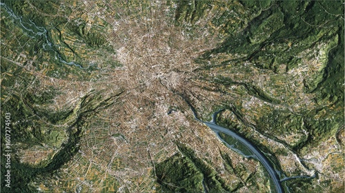 Aerial View of Urban Landscape with River and Green Surroundings