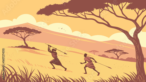 Two hunters with spears running in a savanna landscape with trees and mountains in the background scene
