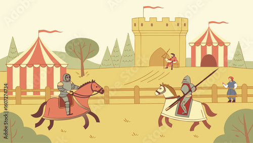Two knights on horses prepare to joust in front of a castle and tents in a medieval setting