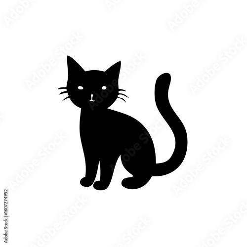 Illustration of a black cat sitting with a curled tail and visible whiskers on a white background