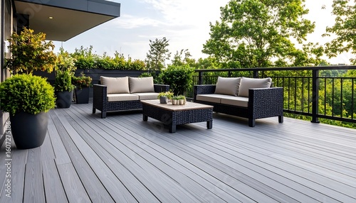 Modern outdoor deck with patio furniture and lush greenery