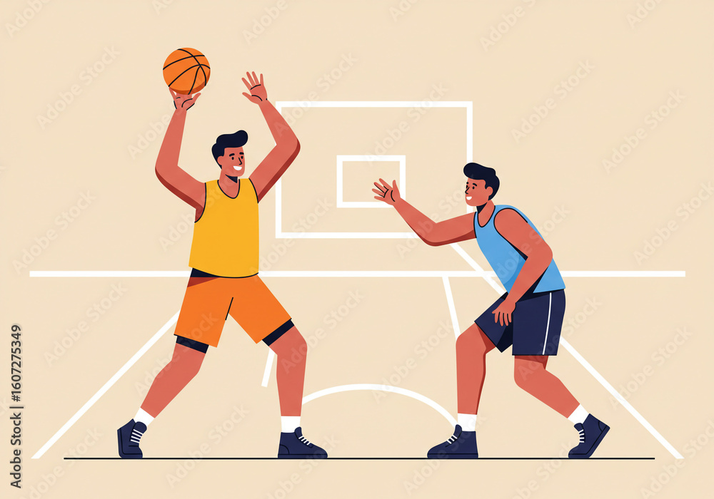 Fototapeta premium Two basketball players in action on a court one shooting while the other defends closely